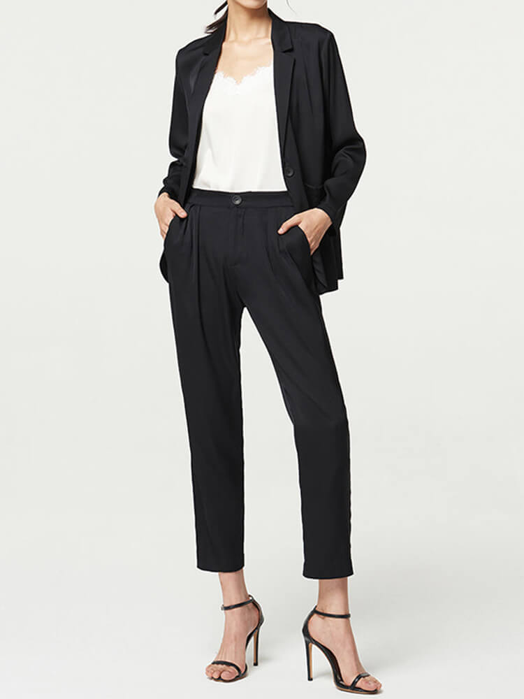 Conjunto de traje de pantalón de seda pura de color liso para mujer de 30 Momme