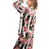 Women's White Silk luxury nightwear Striped Floral Silk Pajama Set - DIANASILK