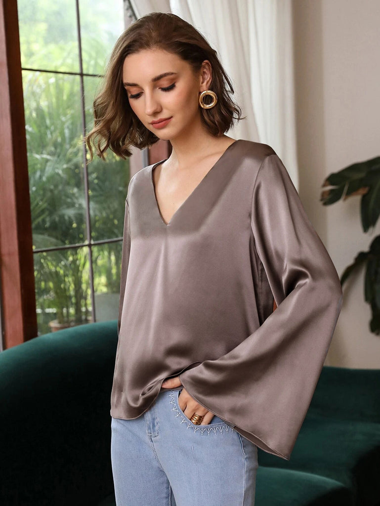Classic V Neck Silk Shirt Long Sleeves Silk Top Silk Blouse for Women