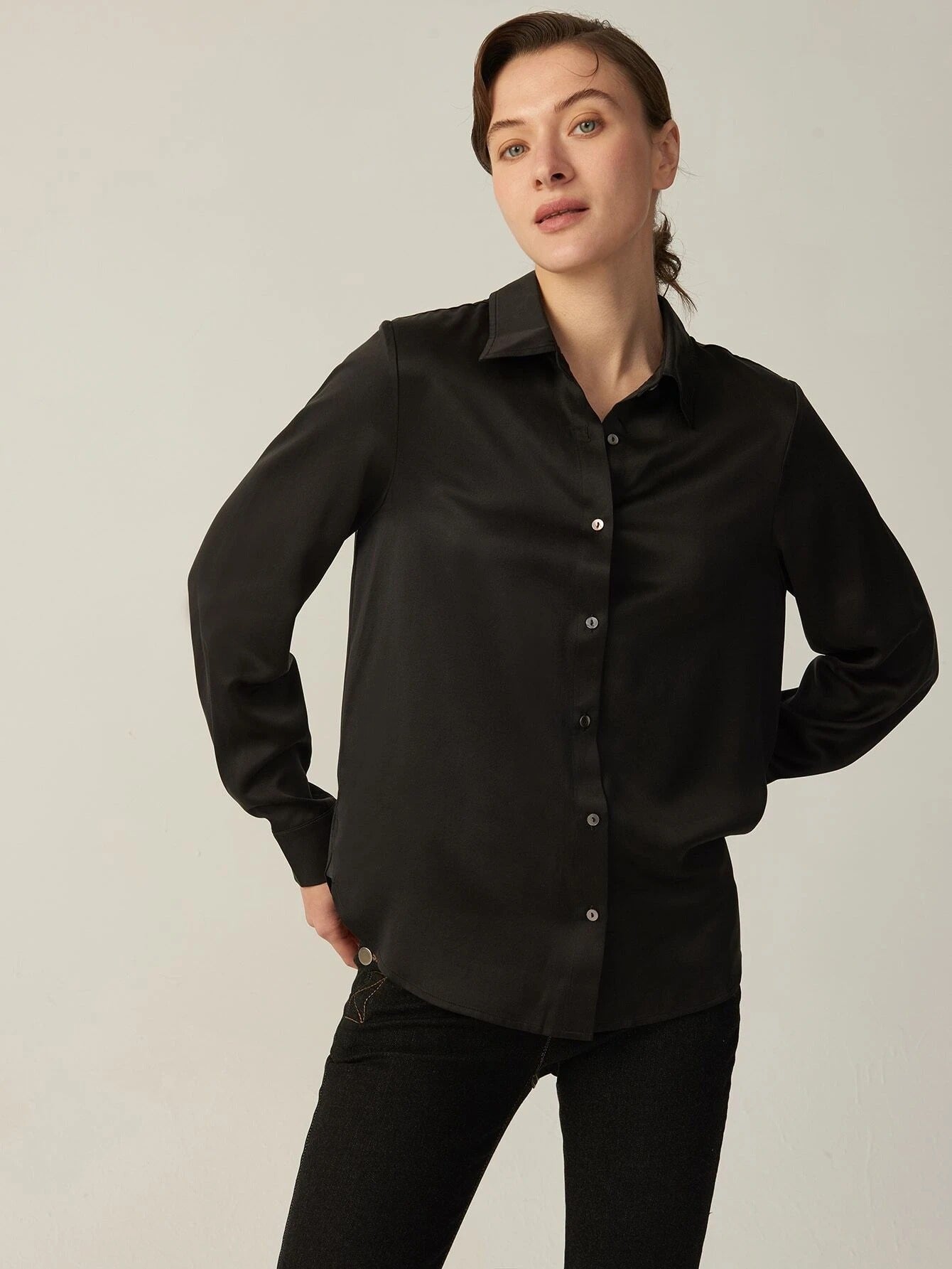 Blusa clásica de seda de manga larga con parte superior de seda de morera 100% 22MM para mujer