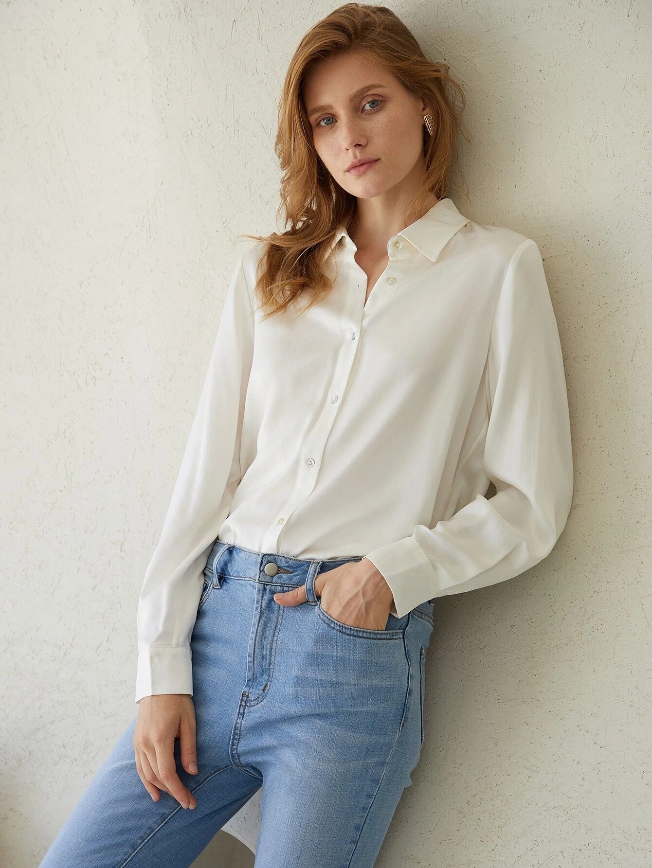Blusa clásica de seda de manga larga con parte superior de seda de morera 100% 22MM para mujer