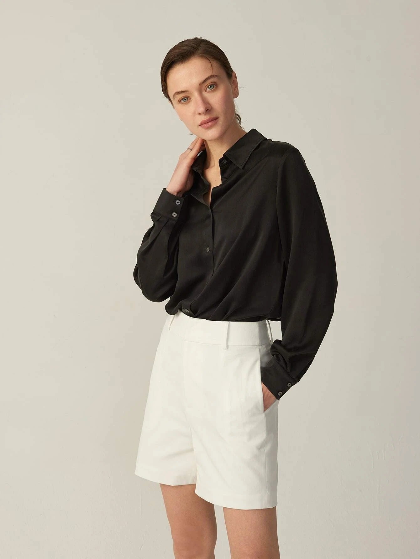 Blusa clásica de seda de manga larga con parte superior de seda de morera 100% 22MM para mujer
