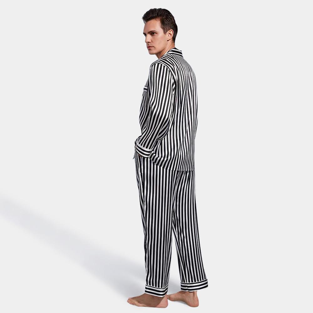 Classic 100% Mulberry Black And White Stripe  Mens Striped Long Silk Pajama Set for Men - DIANASILK