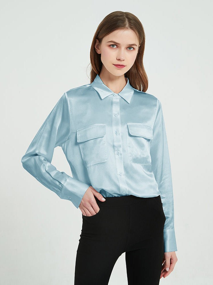 Classic 22 Momme Silk Shirts For Women Long Sleeves Silk Top With Two Patch Pockets