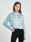 Klassische 22-Momme-Seidenhemden für Damen, langärmliges Seidenoberteil mit zwei aufgesetzten Taschen