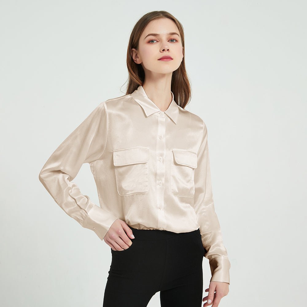 Camisas clásicas de seda de 22 Momme para mujer Top de seda de manga larga con dos bolsillos de parche