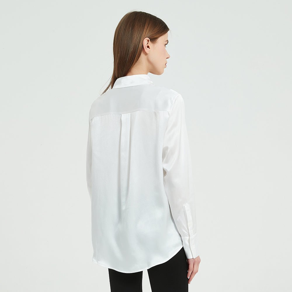 Camisas clásicas de seda de 22 Momme para mujer Top de seda de manga larga con dos bolsillos de parche