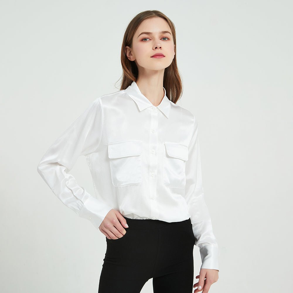 Classic 22 Momme Silk Shirts For Women Long Sleeves Silk Top With Two Patch Pockets