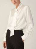 Camisa de seda preciosa clásica Blusa de seda con cuello de manga larga para mujer