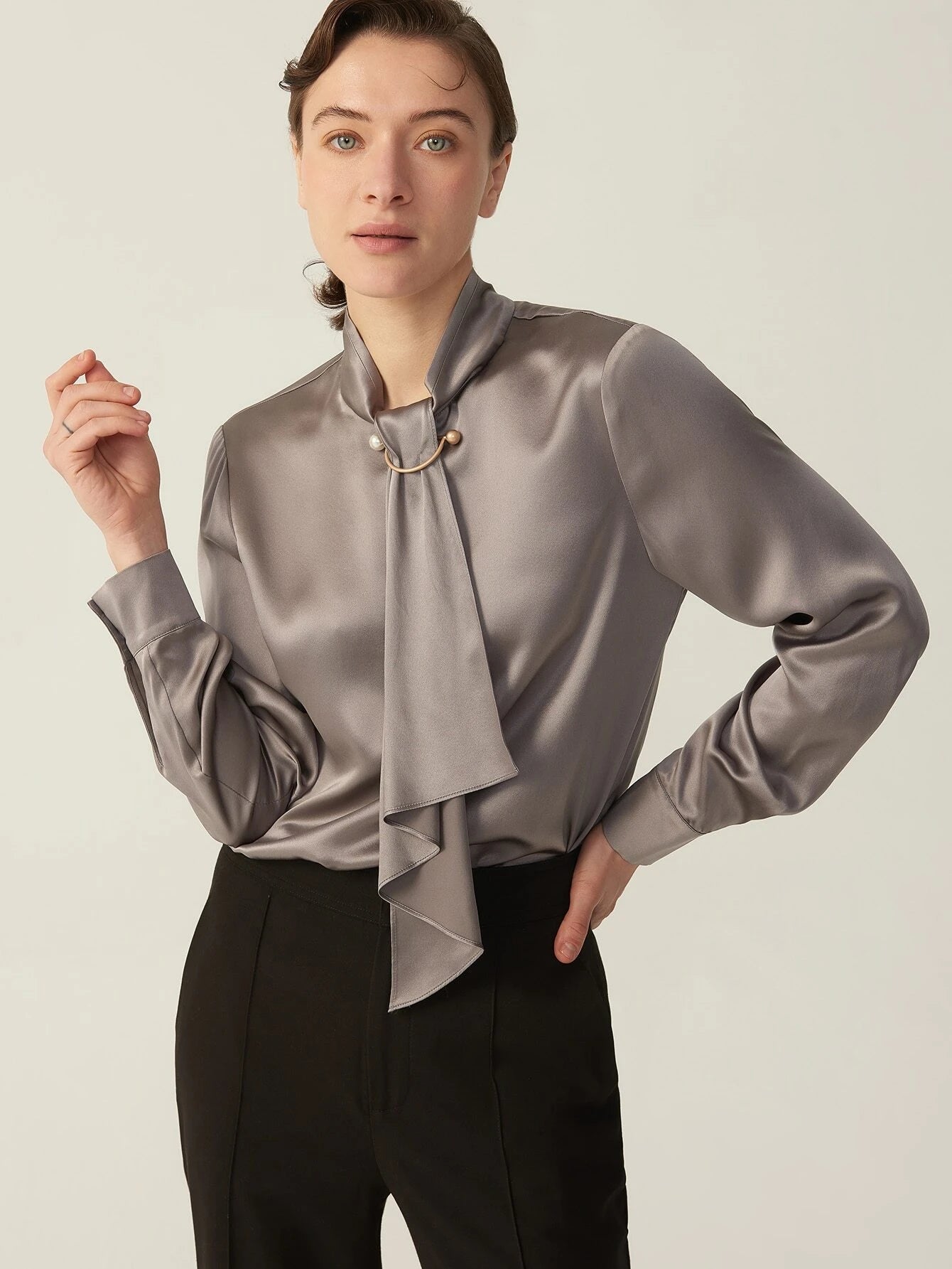 Long Sleeves Collared Silk Blouse For Women