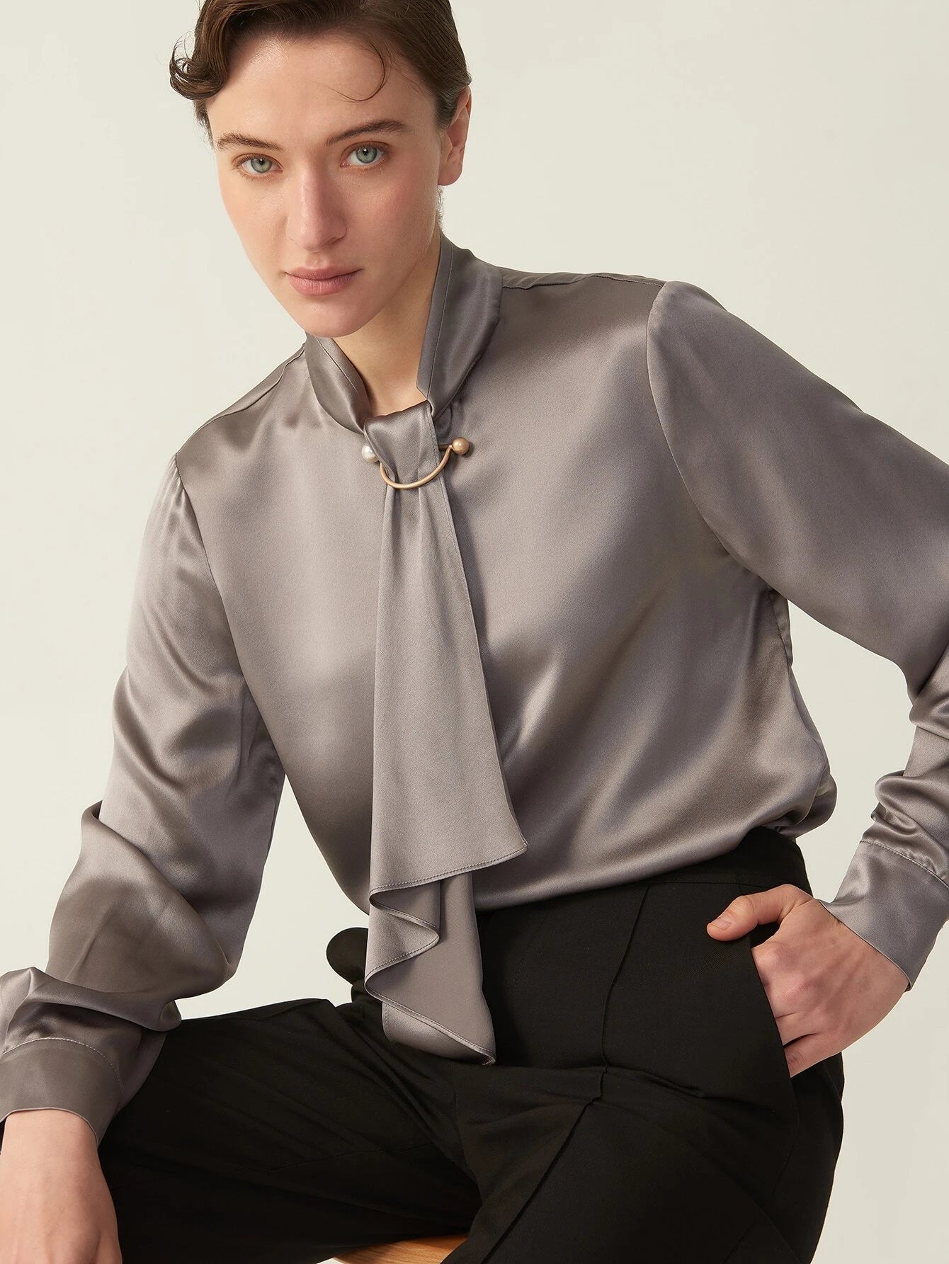 Long Sleeves Collared Silk Blouse For Women
