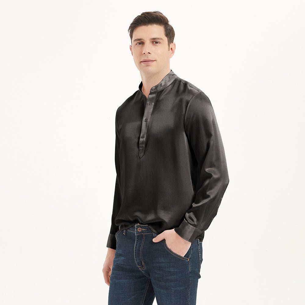 Classic Long Sleeves Stand Collar Pullover Men Silk Shirts – DIANASILK