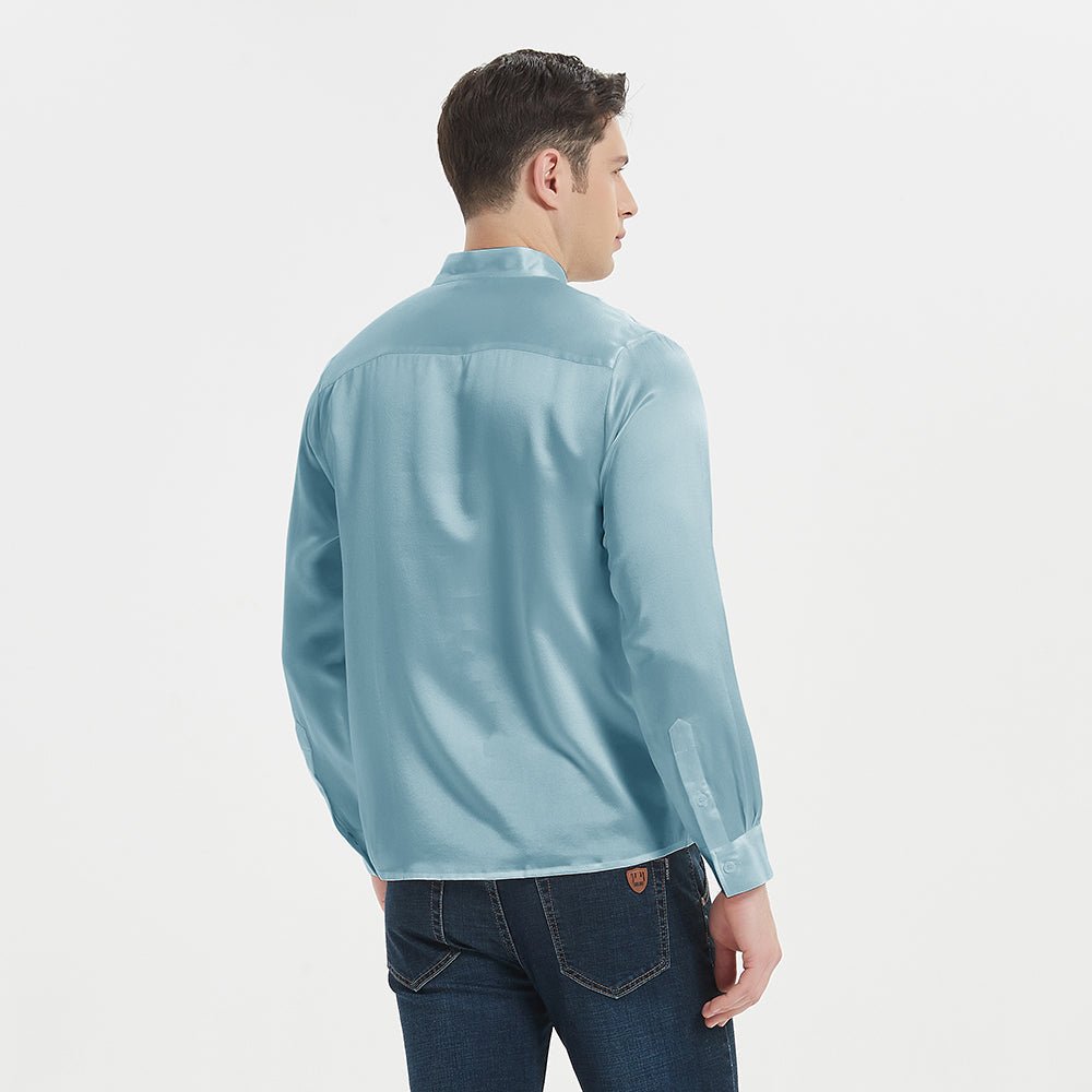 men's long sleeve pullover dress shirts Classic Long Sleeves Stand Collar Pullover Men Silk Shirts – DIANASILK