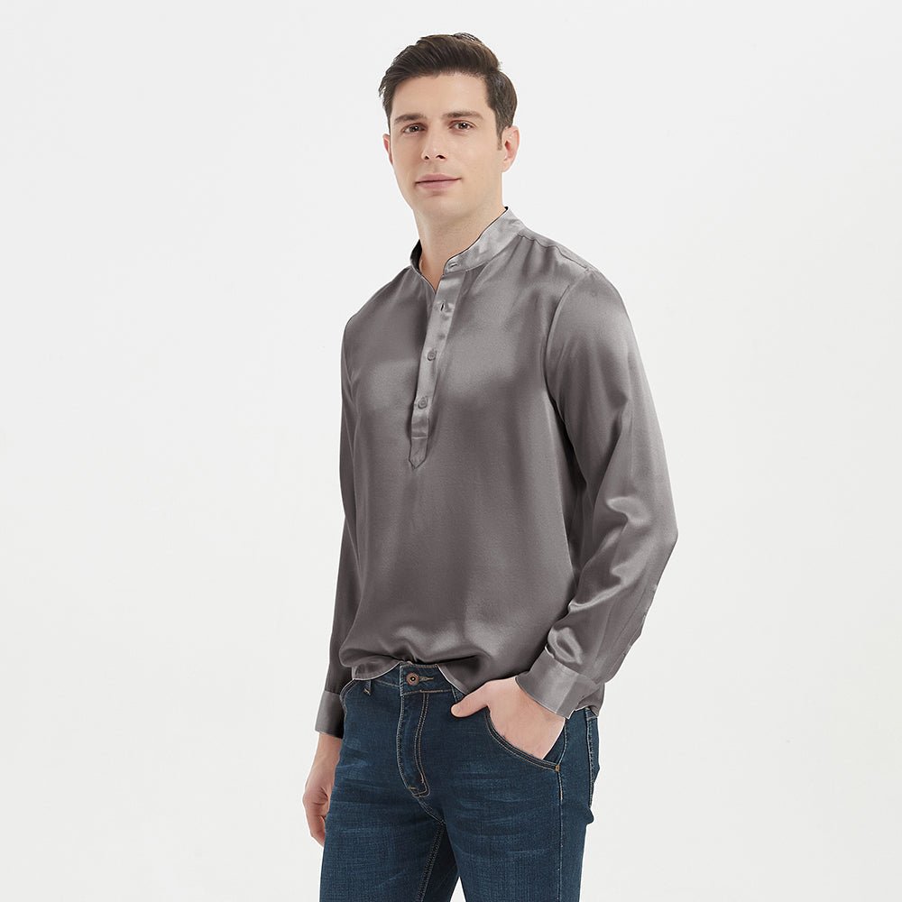 Camisas clásicas de seda de manga larga para hombre 100% seda de morera con cuello levantado jersey de seda