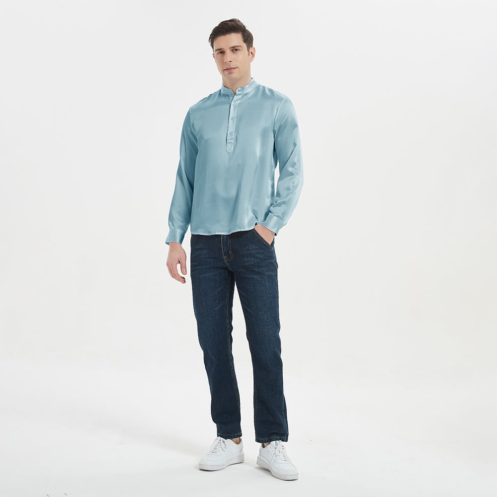 men's long sleeve pullover dress shirts Dark Grey / XS Classic Long Sleeves Stand Collar Pullover Men Silk Shirts