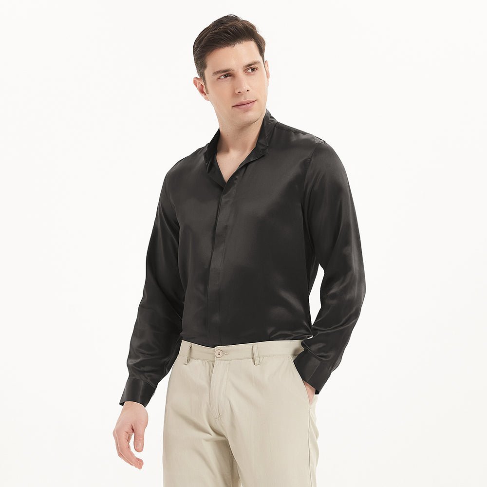 Classic Long Sleeves Silk Shirts For Mens Stand Collar Hidden Button Silk Top