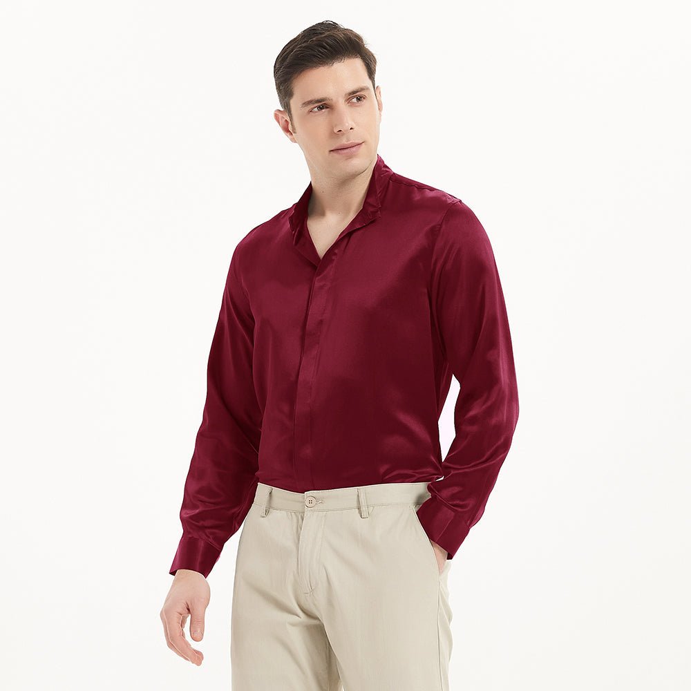 Classic Long Sleeves Silk Shirts For Mens Stand Collar Hidden Button Silk Top
