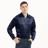 Camisas de seda clásicas para hombre Camisa de seda de negocios con botones ocultos de manga larga