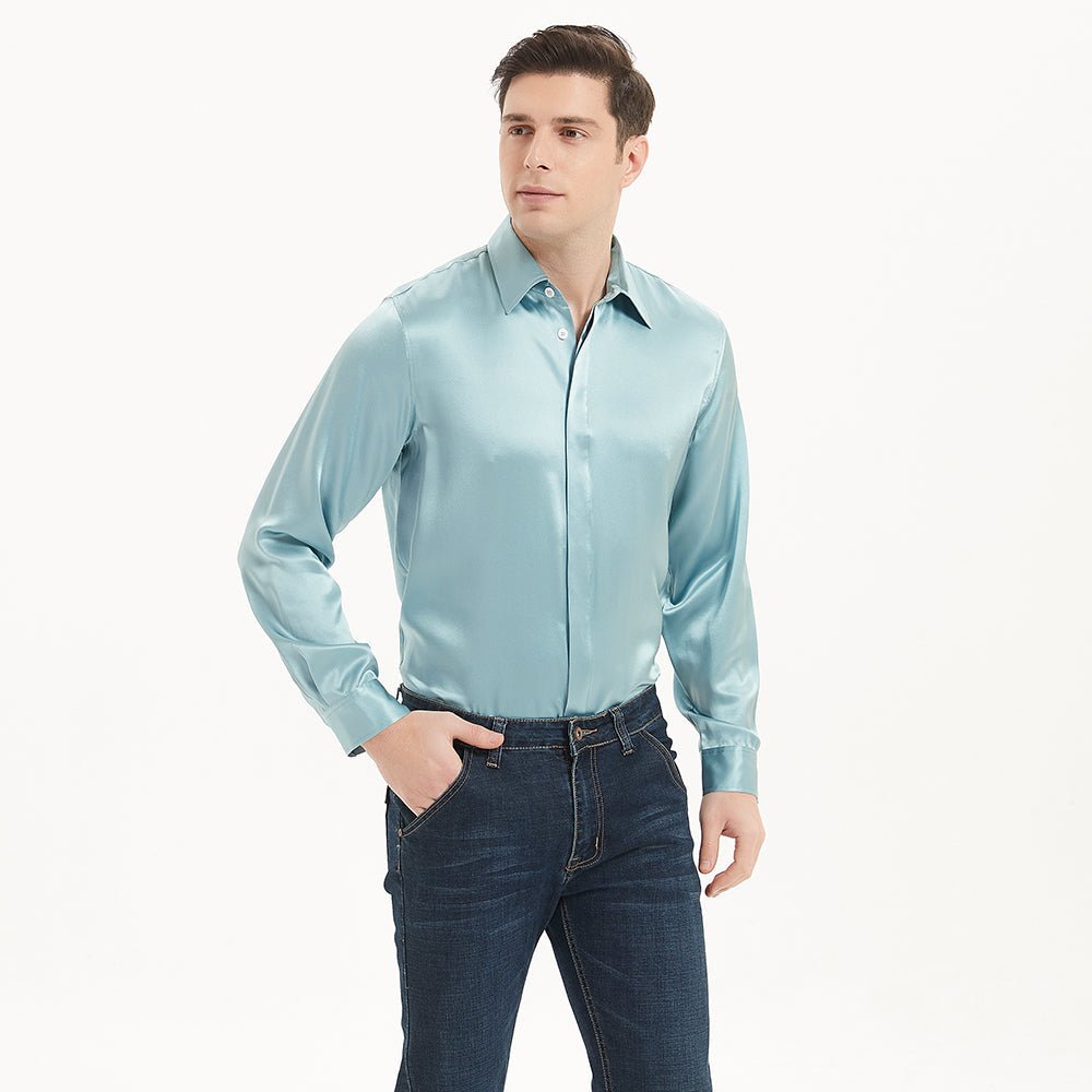 Camisas de seda clásicas para hombre Camisa de seda de negocios con botones ocultos de manga larga