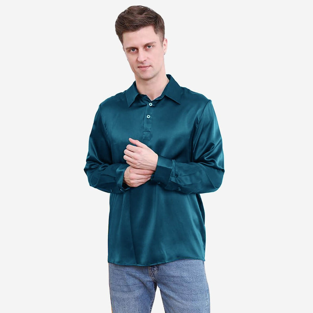 Polo de seda clásico de color puro para hombre, manga larga, top de seda de negocios