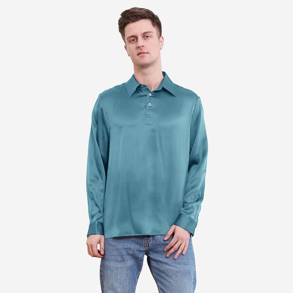 Polo de seda clásico de color puro para hombre, manga larga, top de seda de negocios
