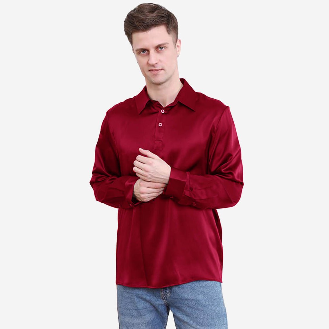 Classic Men Silk Polo Shirts Long Sleeves Business Silk Top