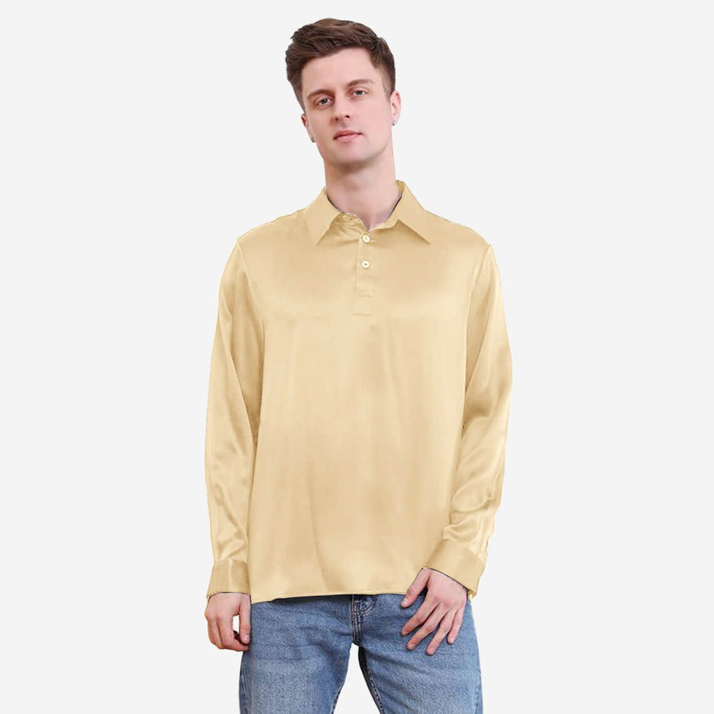 Polo de seda clásico de color puro para hombre, manga larga, top de seda de negocios
