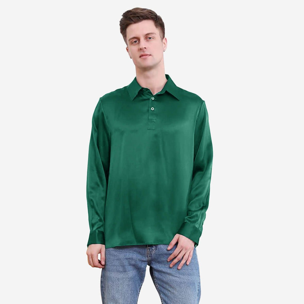 Polo de seda clásico de color puro para hombre, manga larga, top de seda de negocios