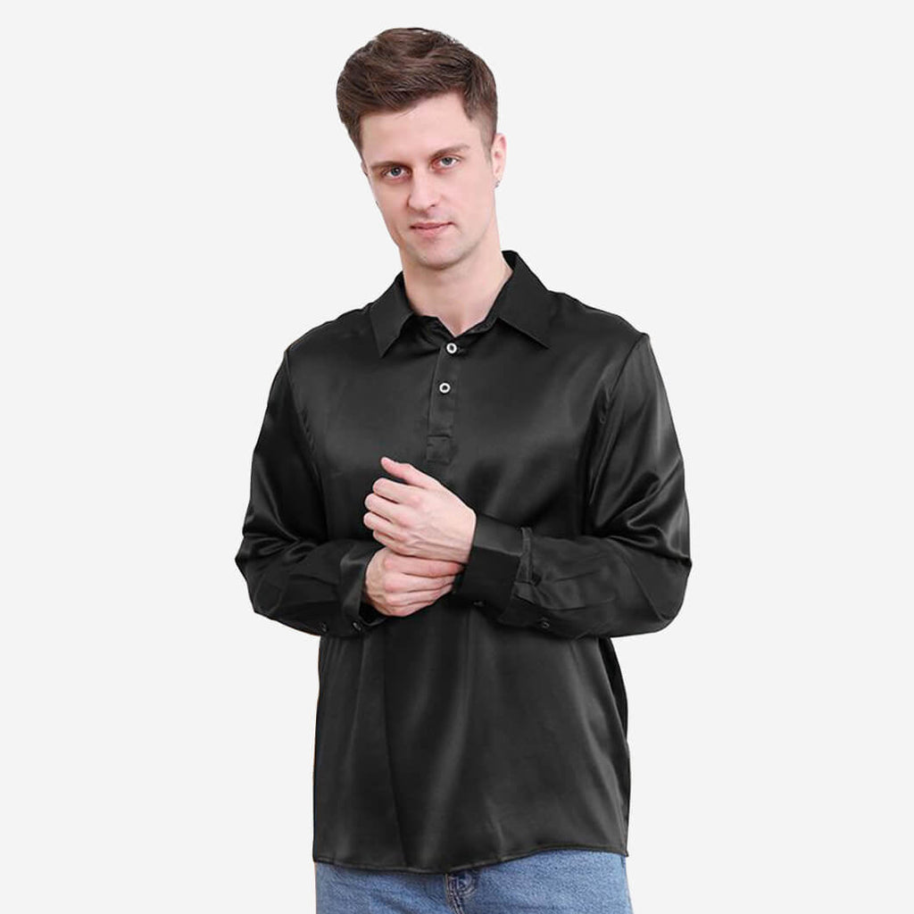Polo de seda clásico de color puro para hombre, manga larga, top de seda de negocios