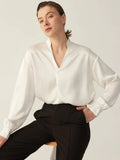 Camisa clásica de seda con cuello en V, manga larga, blusa de seda con cuello para mujer