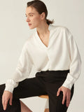 Klassisches Seidenhemd mit V-Ausschnitt, langen Ärmeln, Seidenbluse mit Kragen für Damen