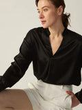 Klassisches Seidenhemd mit V-Ausschnitt, langen Ärmeln, Seidenbluse mit Kragen für Damen