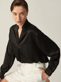 Klassisches Seidenhemd mit V-Ausschnitt, langen Ärmeln, Seidenbluse mit Kragen für Damen