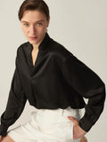 Camisa clásica de seda con cuello en V, manga larga, blusa de seda con cuello para mujer