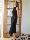 Classic  Simple Silk Draped Asymmetrical Sleeveless One Piece Dress