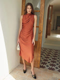 Classic  Simple Silk Draped Asymmetrical Sleeveless One Piece Dress