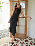 Klassisches, einfaches, drapiertes, asymmetrisches, ärmelloses, einteiliges Kleid aus Seide