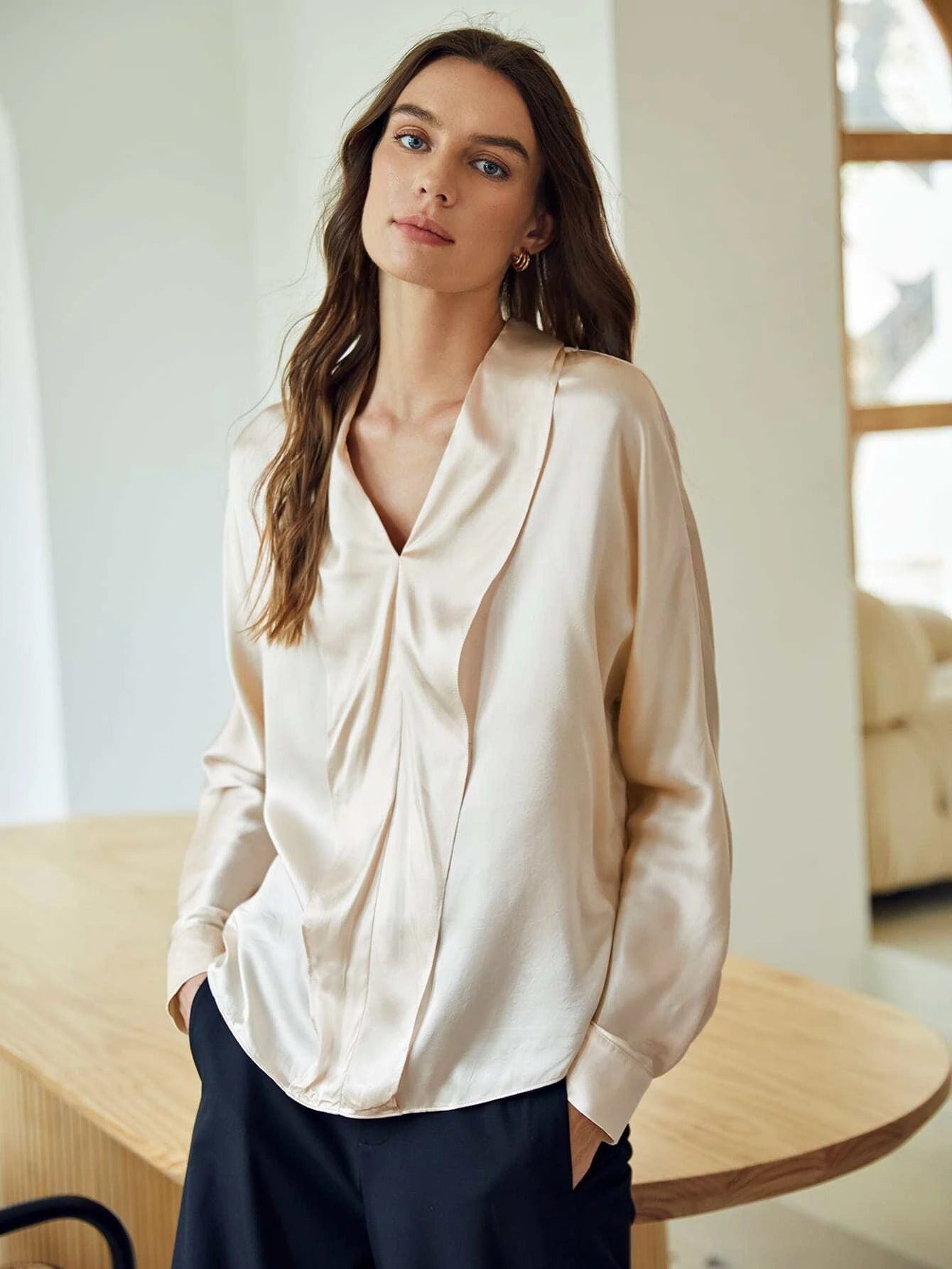 V Neck Silk Shirt Long Sleeves Silk Top Silk Blouse for Women