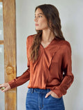 Klassisches Seidenhemd mit V-Ausschnitt, langen Ärmeln, Seidentop, Seidenbluse für Frauen