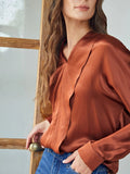 Camisa clásica de seda con cuello en V Blusa de seda de manga larga con parte superior de seda para mujer