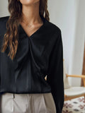 Klassisches Seidenhemd mit V-Ausschnitt, langen Ärmeln, Seidentop, Seidenbluse für Frauen