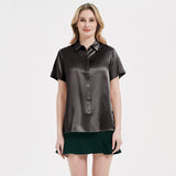 Classic Womens Silk Blouse 22 MM Hidden Placket Silk Top Short Sleeves Silk Shirt