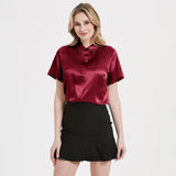 Classic Womens Silk Blouse 22 MM Hidden Placket Silk Top Short Sleeves Silk Shirt