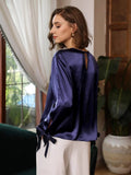 Cómoda blusa de seda con corte recto en la parte superior de manga corta de seda 100 % para mujer
