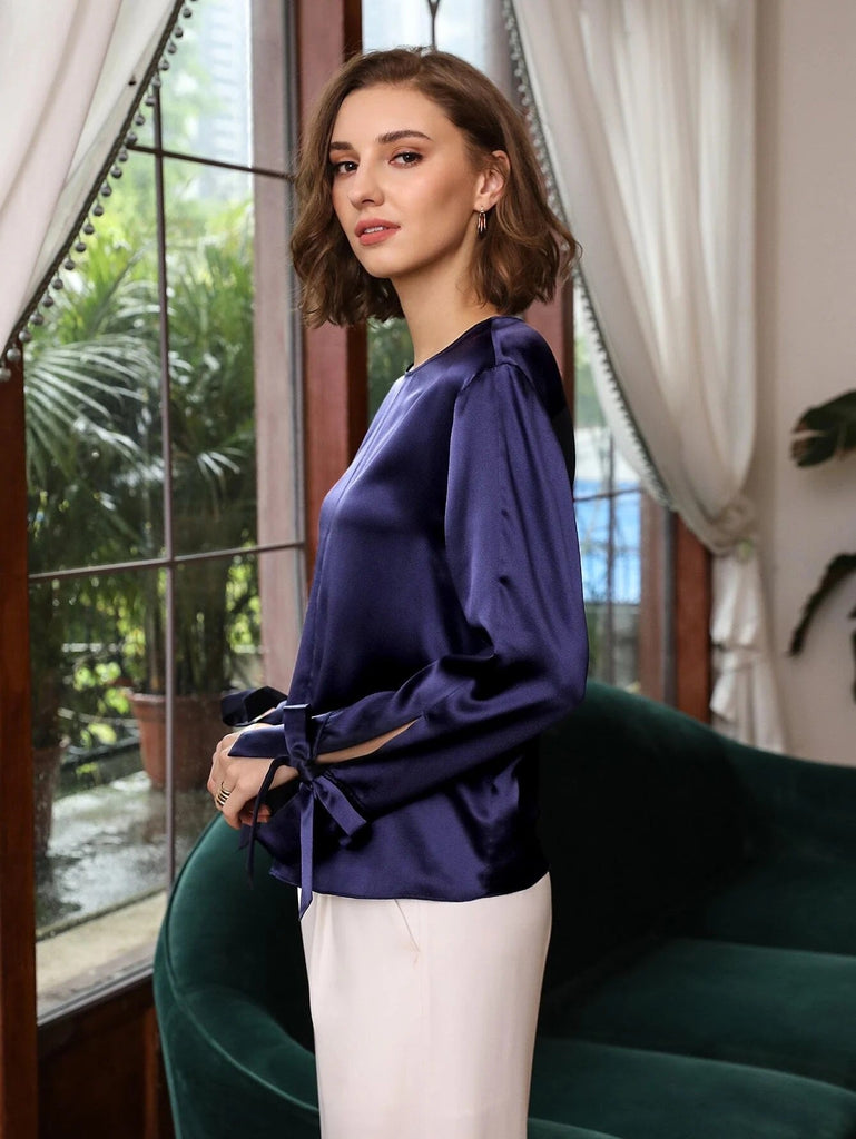 Comfortable 100% Silk Slit Sleeve Top Silk Straight Fit Top Silk Blouse for Women