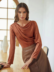 Elegant 100% Seidenrundhals Langarm Drapiertes oberes Seidenhemd
