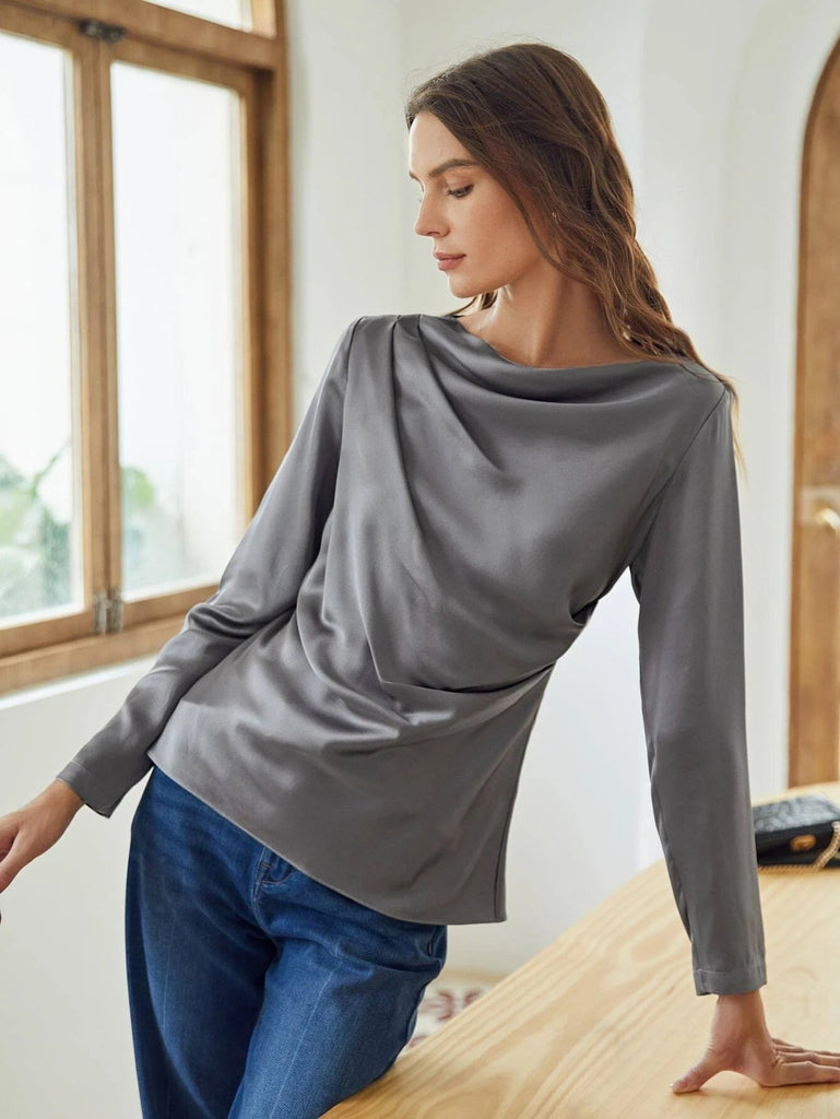 Elegant 100% Silk Round Neck Long Sleeve Draped Top Silk Shirt