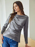 Elegant 100% Silk Round Neck Long Sleeve Draped Top Silk Shirt