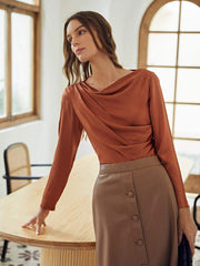 Elegant 100% Seidenrundhals Langarm Drapiertes oberes Seidenhemd