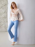 Elegantes 100% Seidenhemd mit V-Ausschnitt, langen Ärmeln, Seidentop, Seidenbluse für Frauen